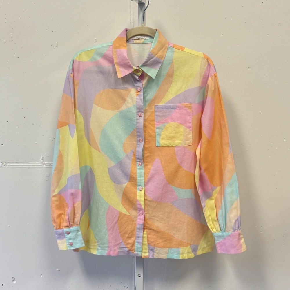 Peppermayo Pastel Abstract Swirl Linen Blend Button Down Shirt US 4 Pink Yellow